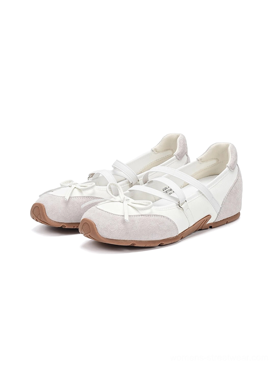 White Mary Jane ballet sneakers front left three-quarter view with neat stitching grey suede-textured panels bow straps and gum sole