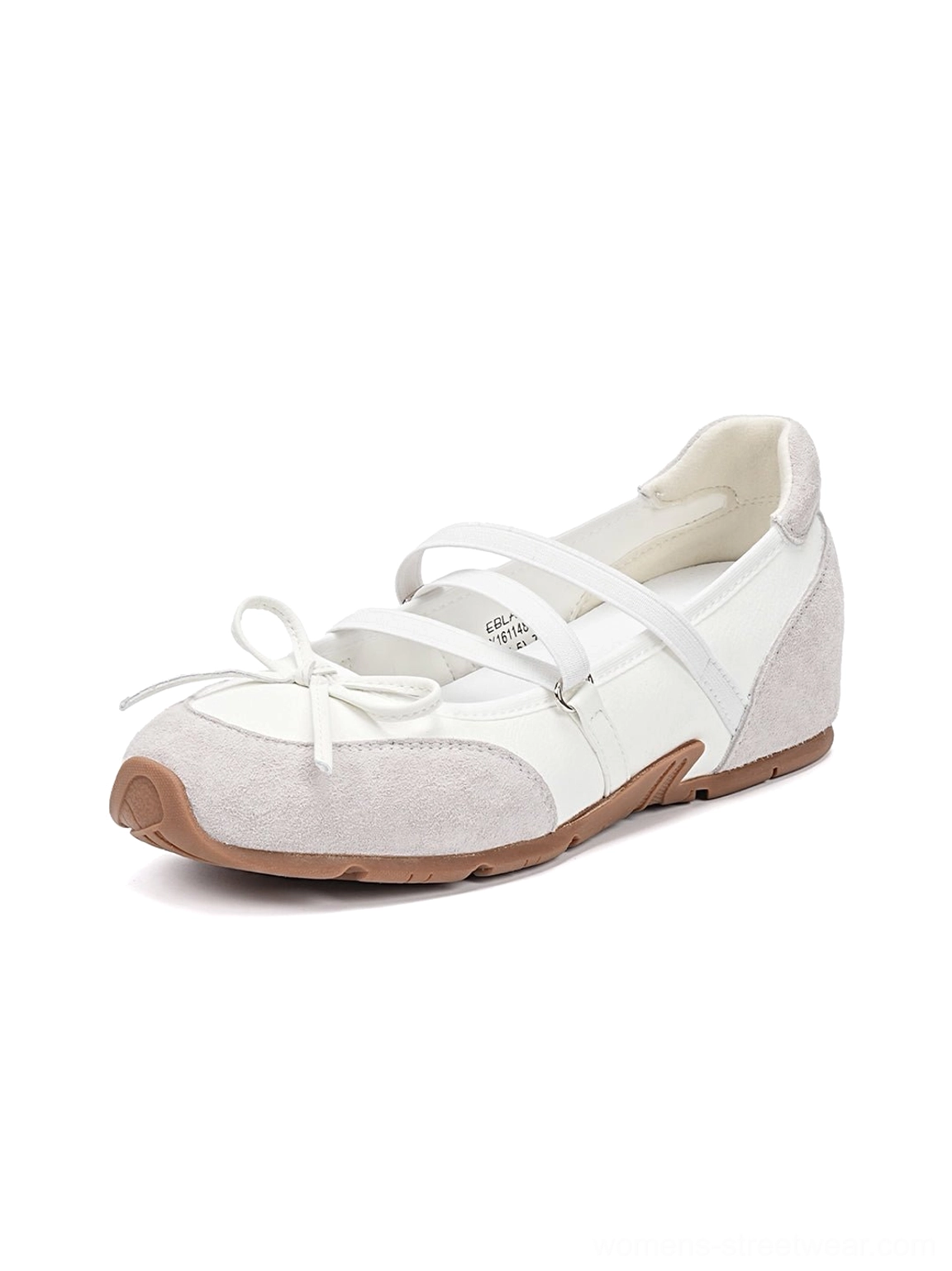 White Mary Jane ballet sneaker front right three-quarter view with grey suede-textured toe cap bow detail and crossed straps