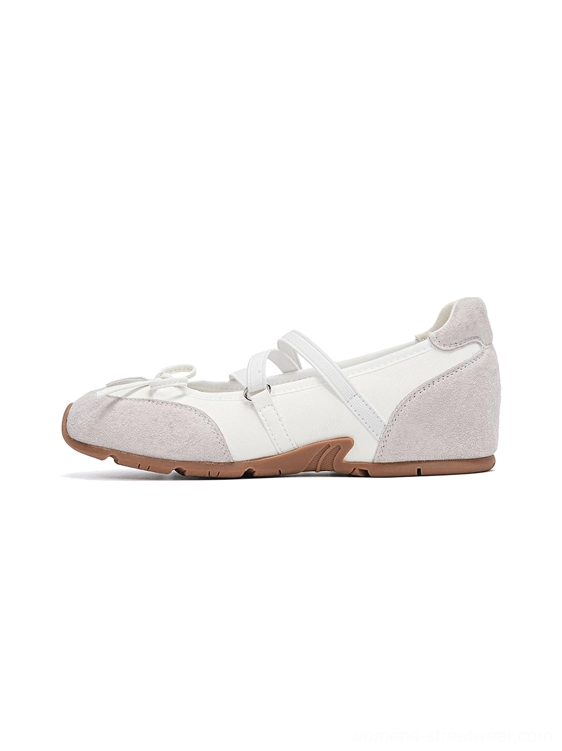 White Mary Jane ballet sneaker left side profile with light grey suede-textured panels crossed bow straps and brown gum rubber sole