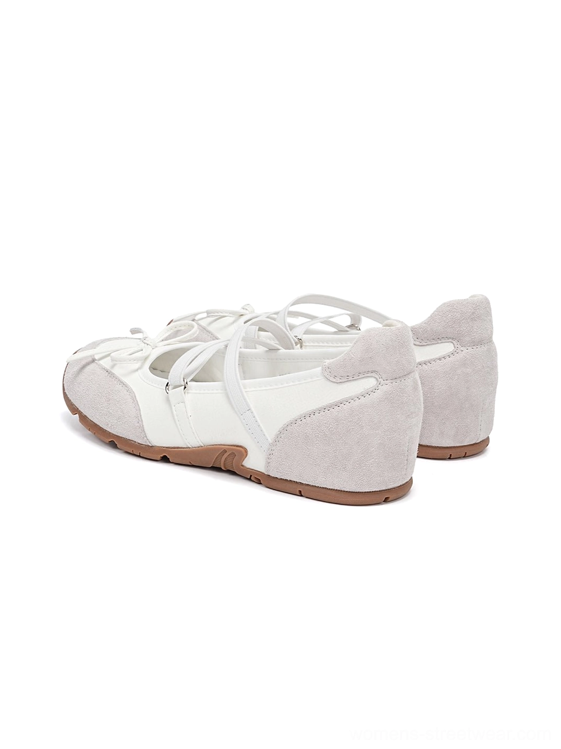 White Mary Jane ballet sneakers rear three-quarter view with light grey heel panels crossed bow straps and brown gum soles