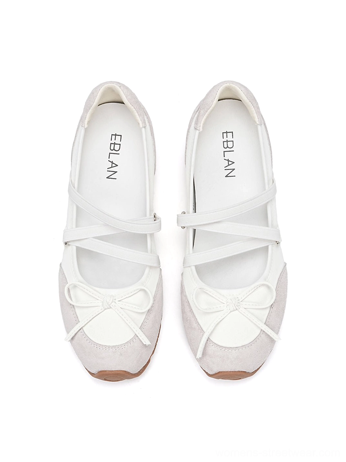 White Mary Jane ballet sneakers top view showing bow-front crossed straps two-tone upper and comfortable footbed