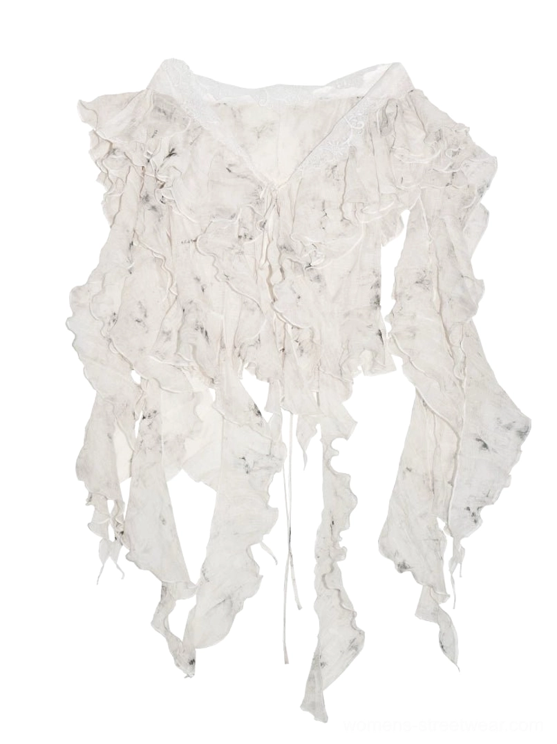 White off-shoulder asymmetrical lace ruffle two-piece set with sheer fabric, cropped cutout, tiered layers and trailing hem