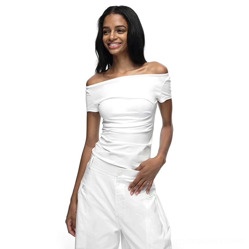 White off-shoulder backless fitted streetwear T-shirt with soft stretch cotton fabric and statement open back
