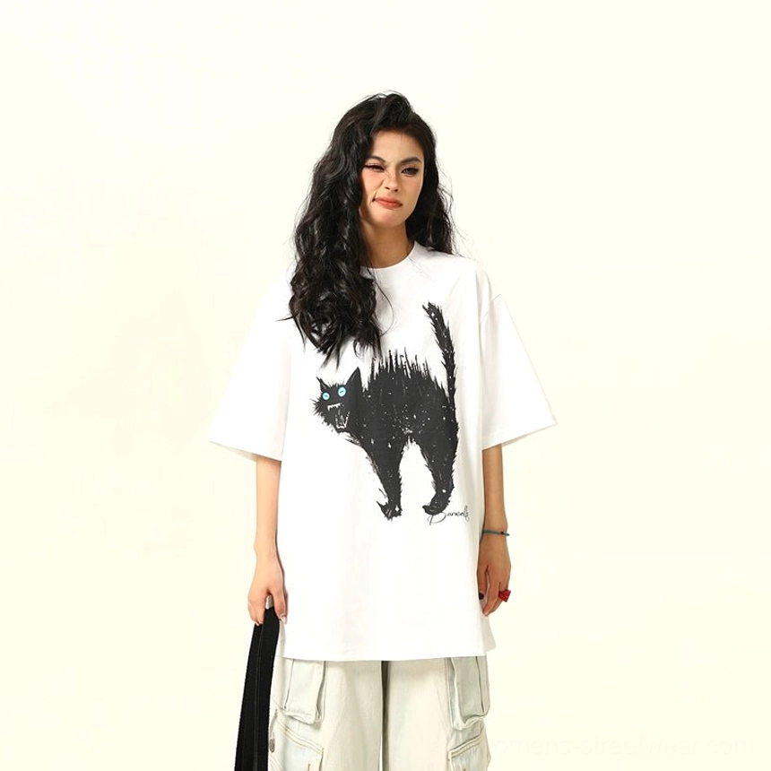 White oversized cat graphic streetwear tee featuring a bold black sketch-style cat illustration, classic crew neck, and loose fit