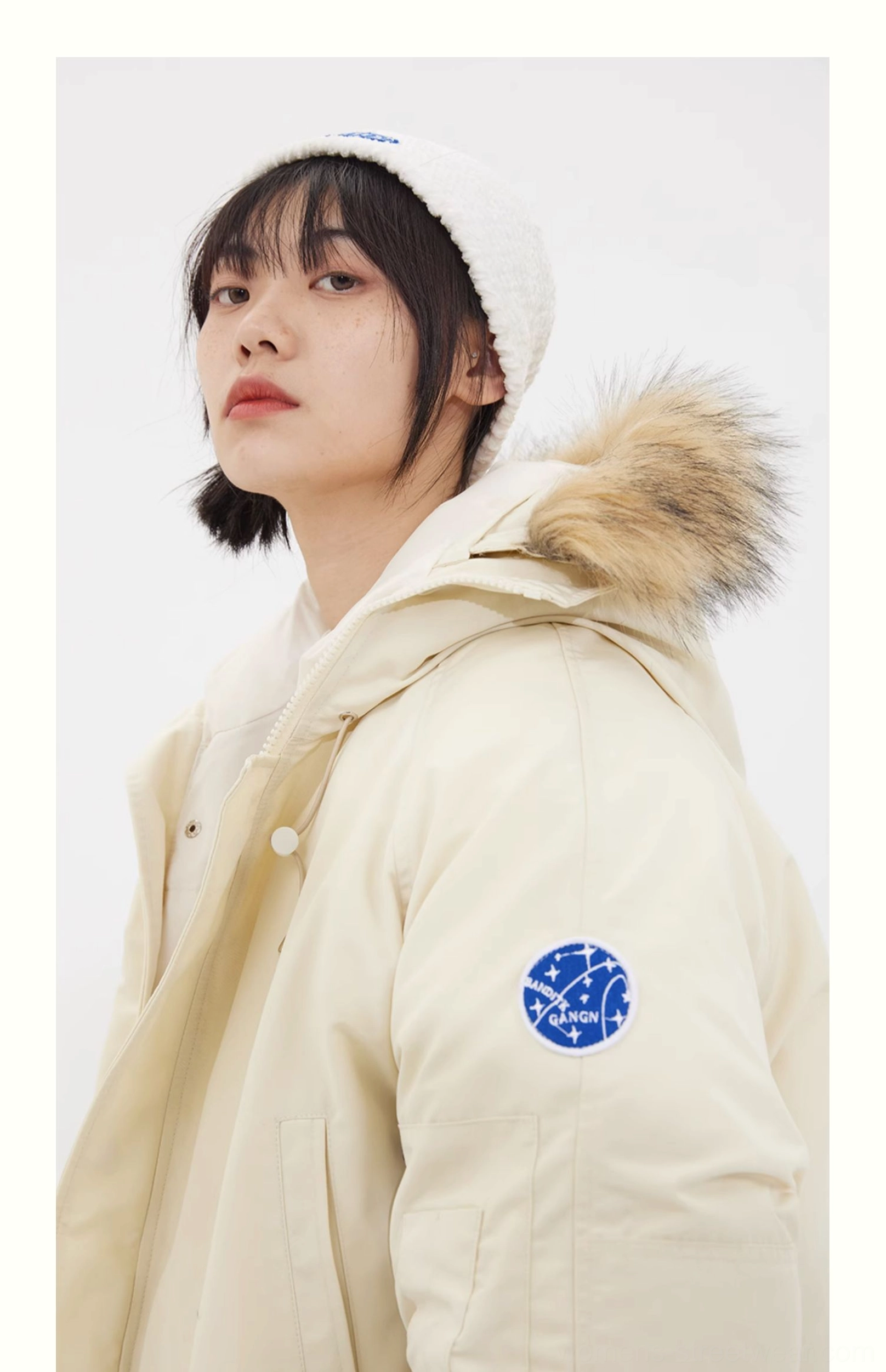White oversized faux fur hooded winter parka jacket product image with utility pockets and Korean streetwear silhouette