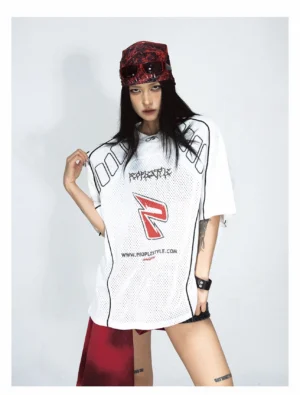 White oversized mesh racing jersey T-shirt with red letter emblem, gothic graphics and contrast shoulder piping front view