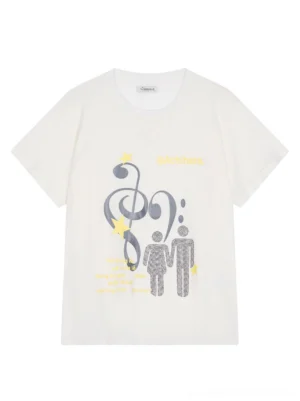 White oversized music note star graphic T-shirt flat lay with grey musical figure artwork and yellow star details