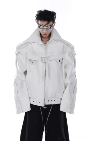 White oversized PU leather zipper moto jacket with chest buckle and metal rivet details front full body streetwear look