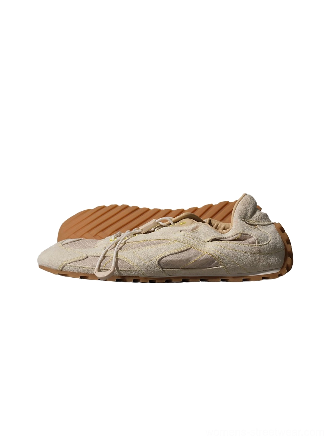 White paneled nubuck low-profile trainers with matching gum brown rubber outsole