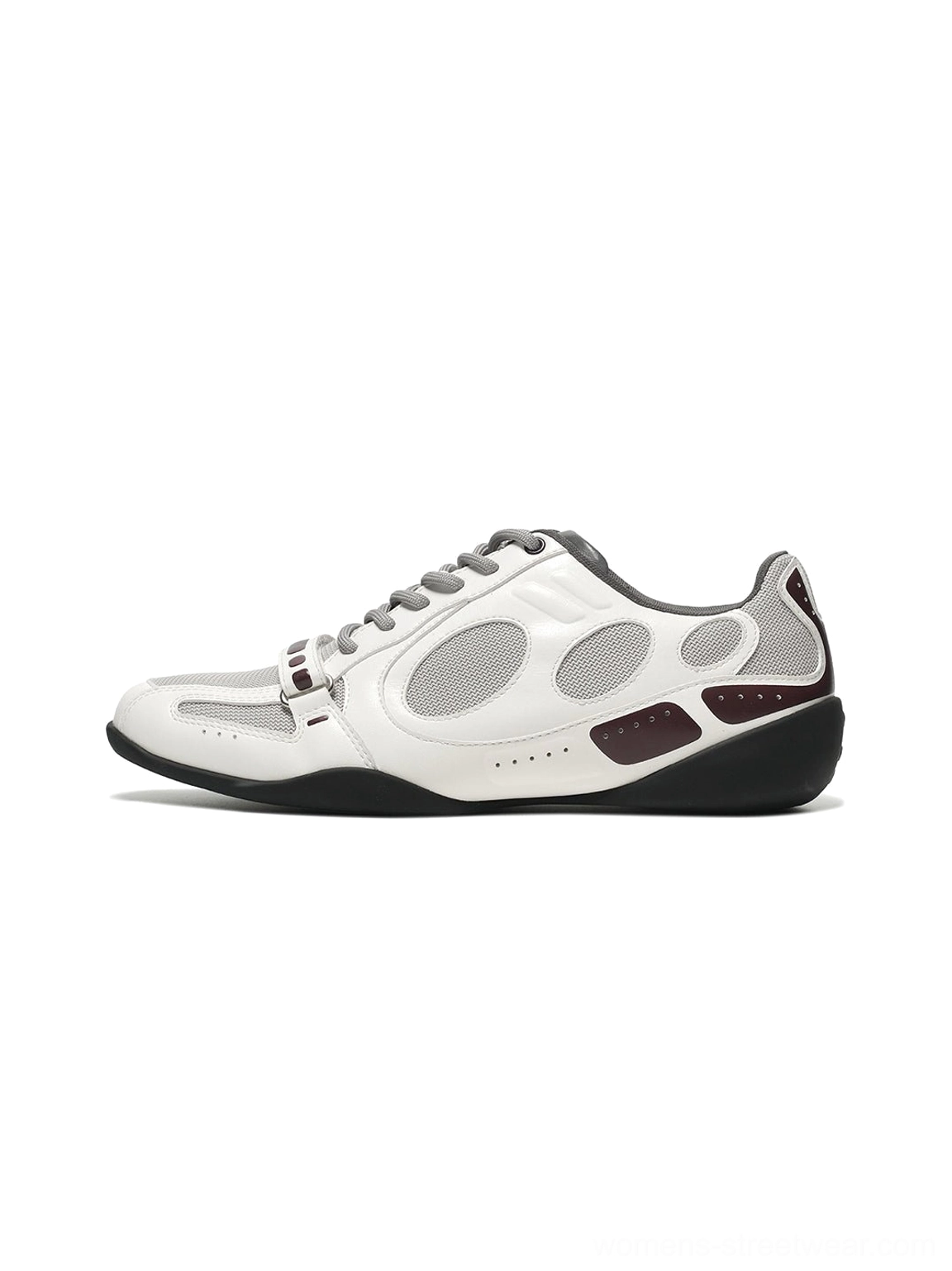 White perforated retro sport sneakers with burgundy contrast trim and black low profile outsole side view