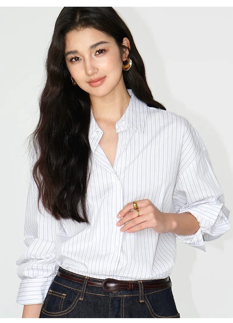 White pinstripe cotton blend button-up shirt front view showing rolled sleeves collar and button placket