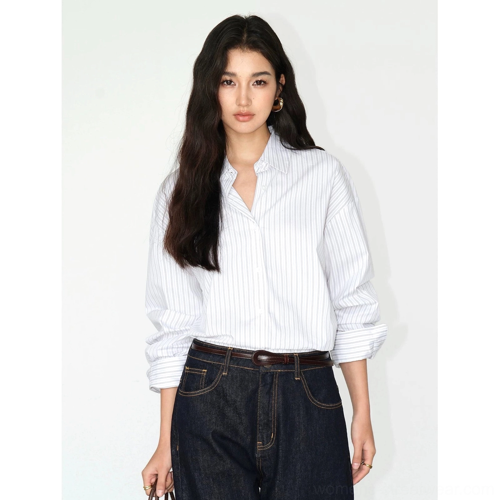 White pinstripe relaxed oversized cotton blend button-up shirt color variant product image