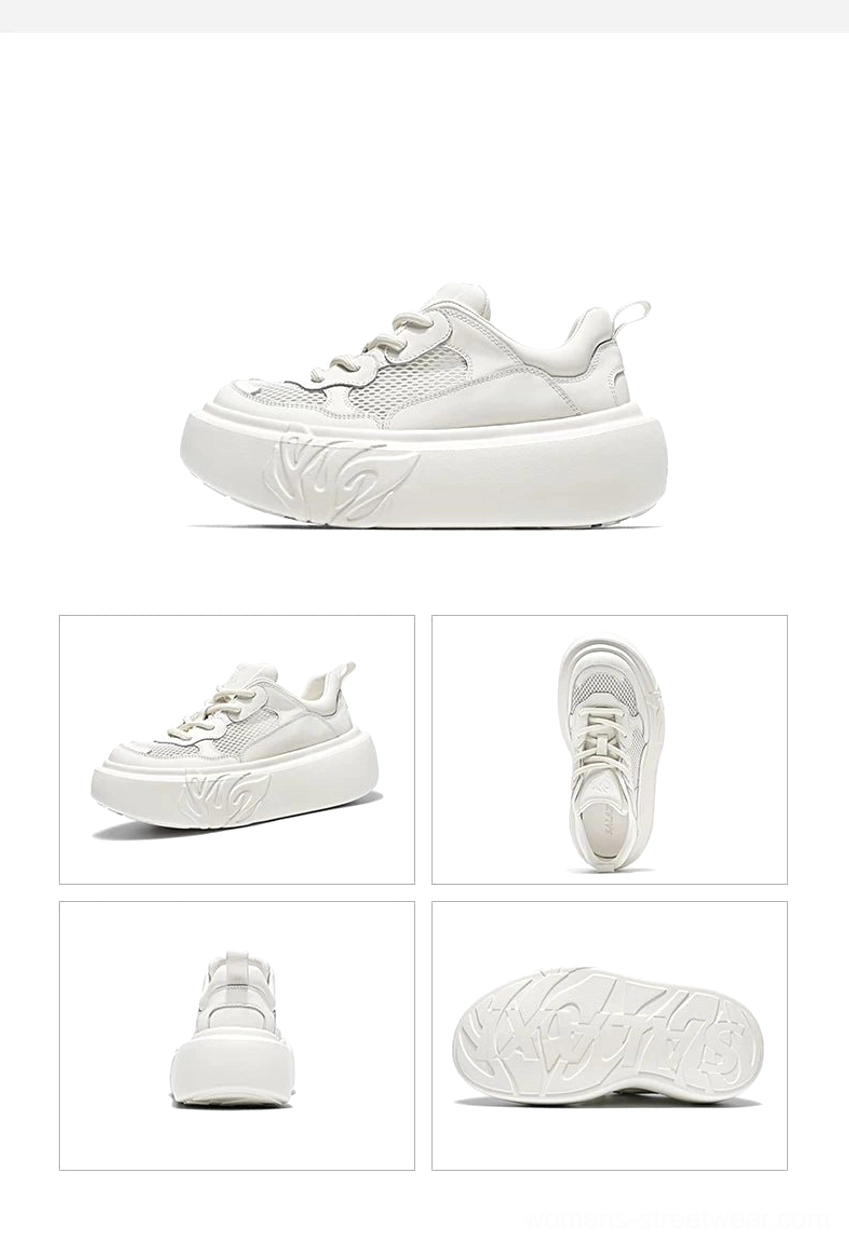 White platform sneakers display with solid leather-look upper, lace-up design, thick flame embossed outsole, and multiple angles