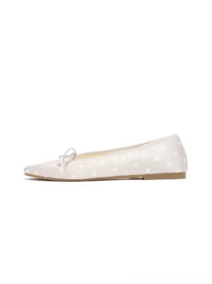 White polka dot bow ballet flats side profile on a clean white background, featuring a low flat sole and square-round toe