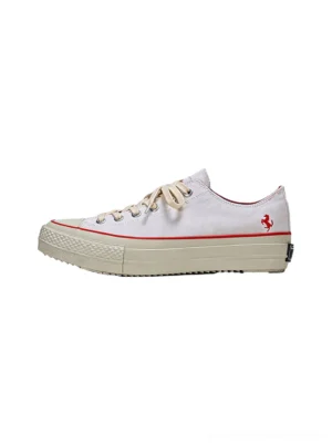 White red racing stripe platform canvas sneaker left side view with off-white retro rubber sole