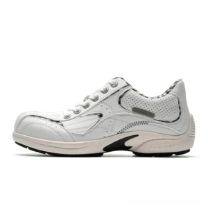 White retro runner sneakers with perforated breathable panels, checkered collar lining, curved stitched overlays, and chunky rubber outsole shown from the left side