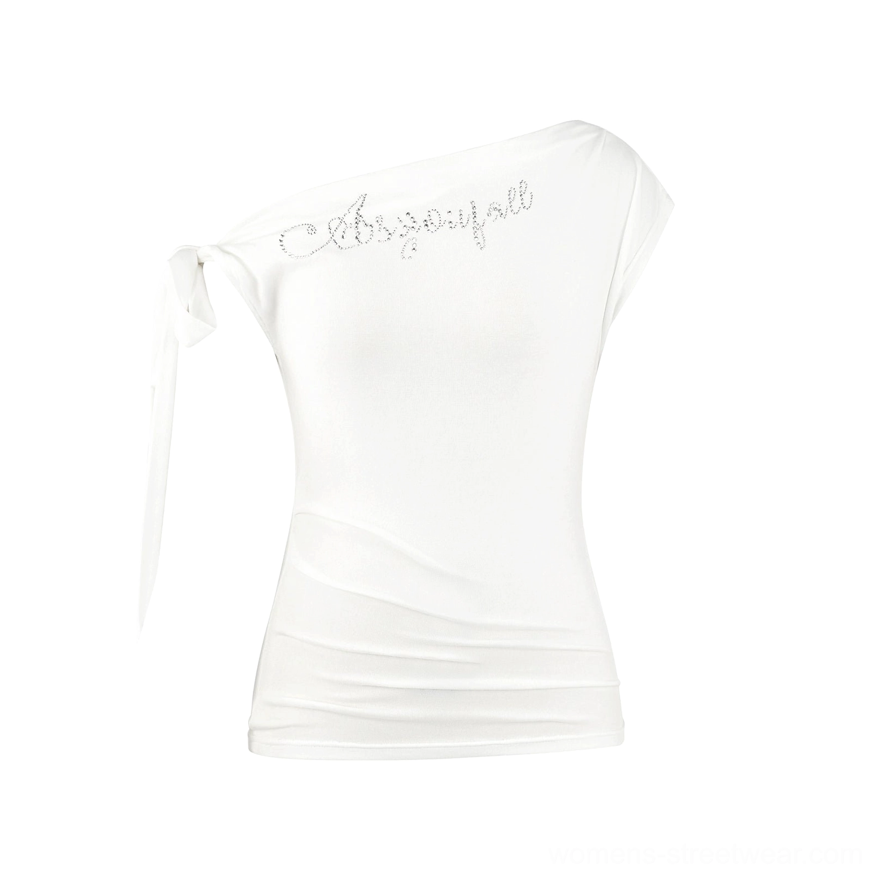 White rhinestone one-shoulder bow top with side tie strap and ruched fitted waist shown as a front flat lay