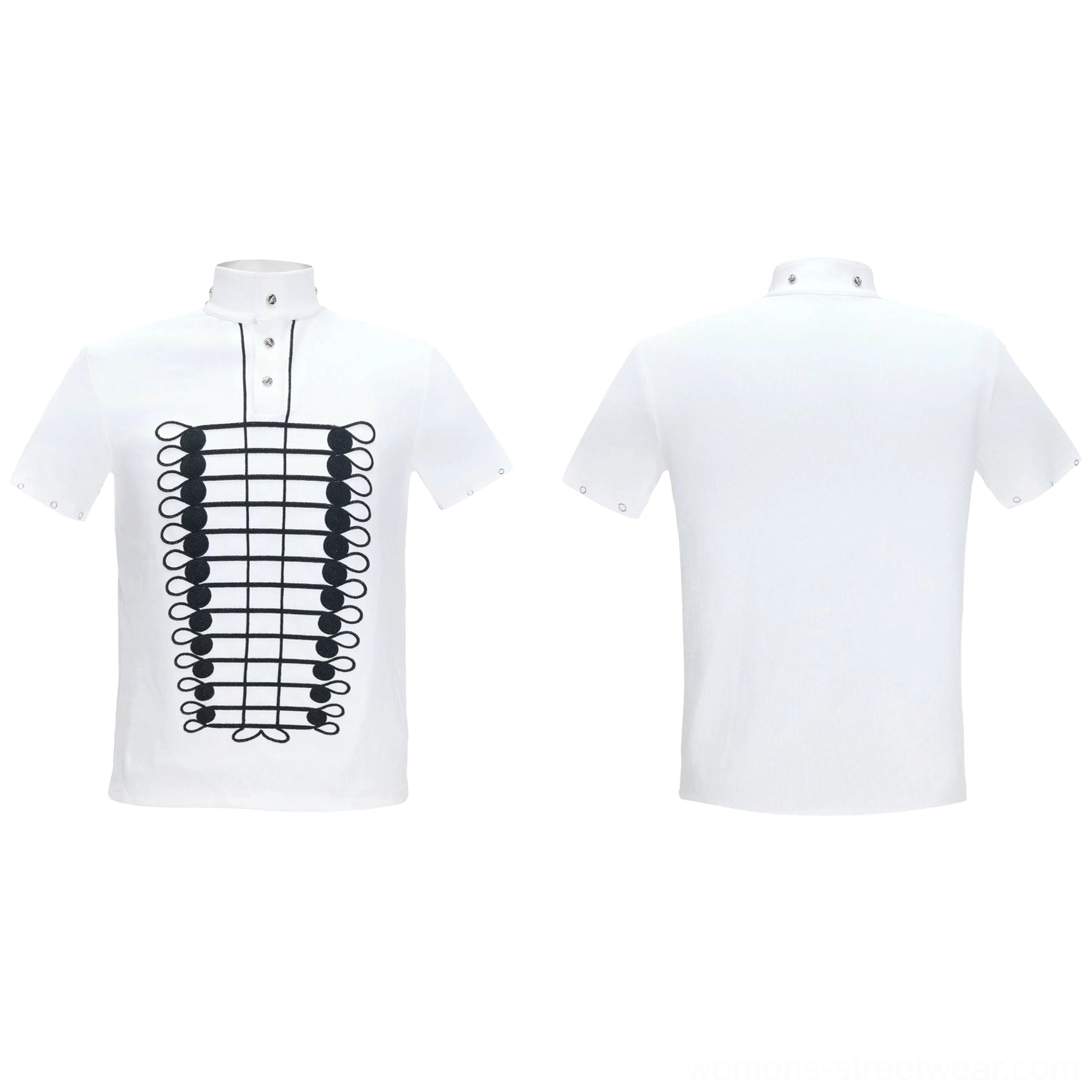 White ribcage embroidered stand collar short sleeve polo top with black anatomical front motif flat lay view