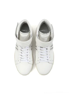 White rivet strap leather high-top sneakers with hidden lift shown in a front top-down pair view