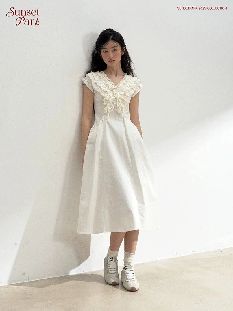 White ruffle cotton Victorian mini dress for coquette and Korean-inspired summer streetwear outfits