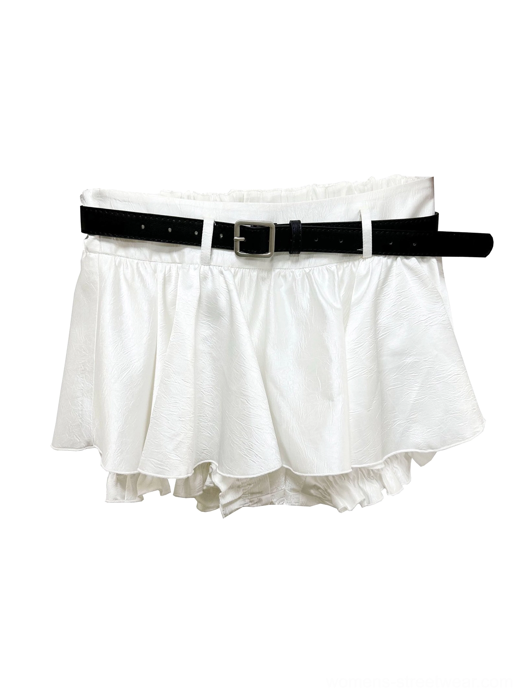 White ruffled belted mini skirt main product view showing layered hem and black waist belt detail