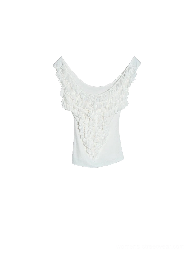 White ruffled lace scoop neck fitted tank top flat lay product view showing sleeveless slim silhouette