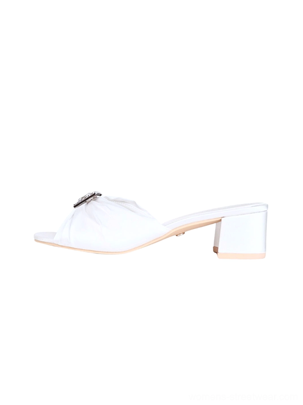 White satin crystal-buckle block heel mule slides with ruched upper and chunky heel side profile