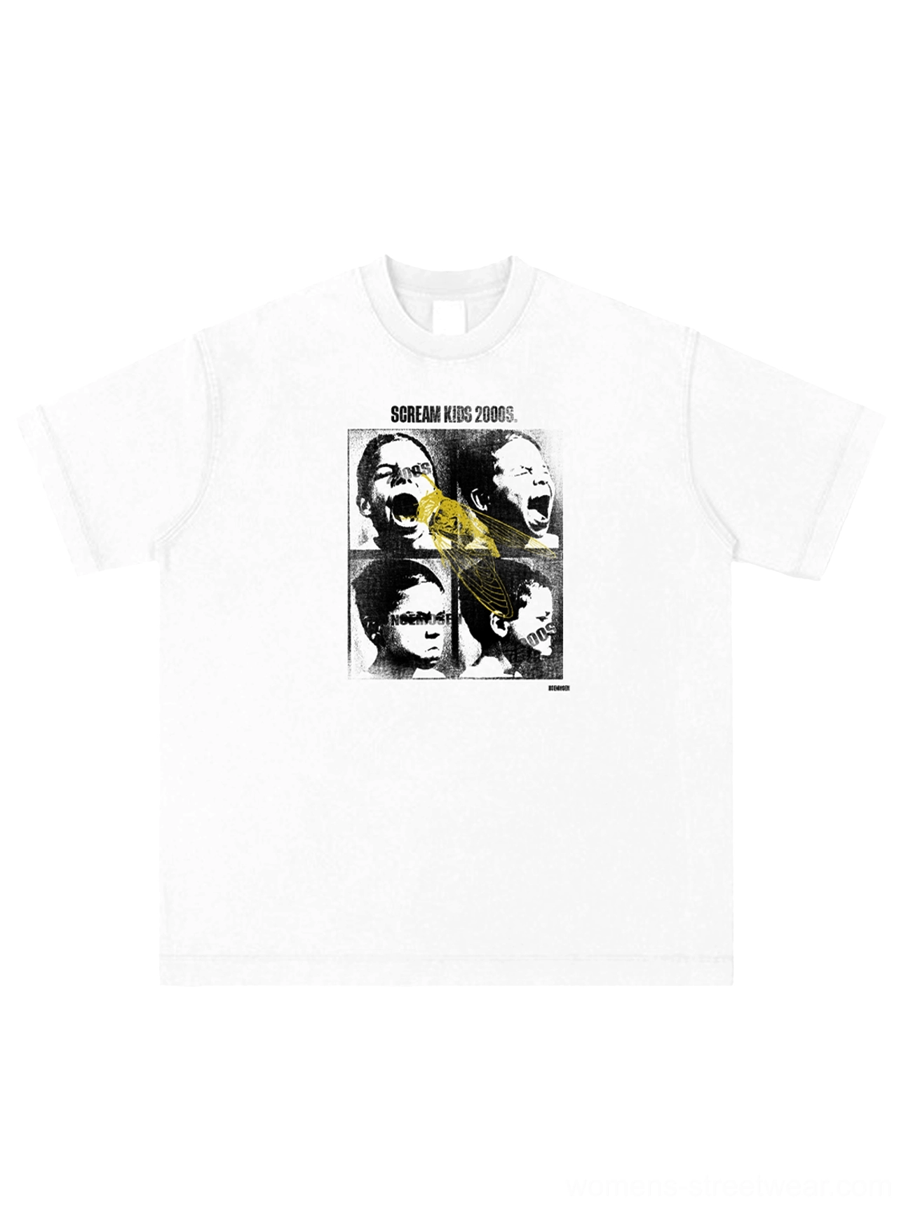 Flat lay front view of the white Scream Kids washed graphic T-shirt with crew neckline short sleeves and quad portrait graphic