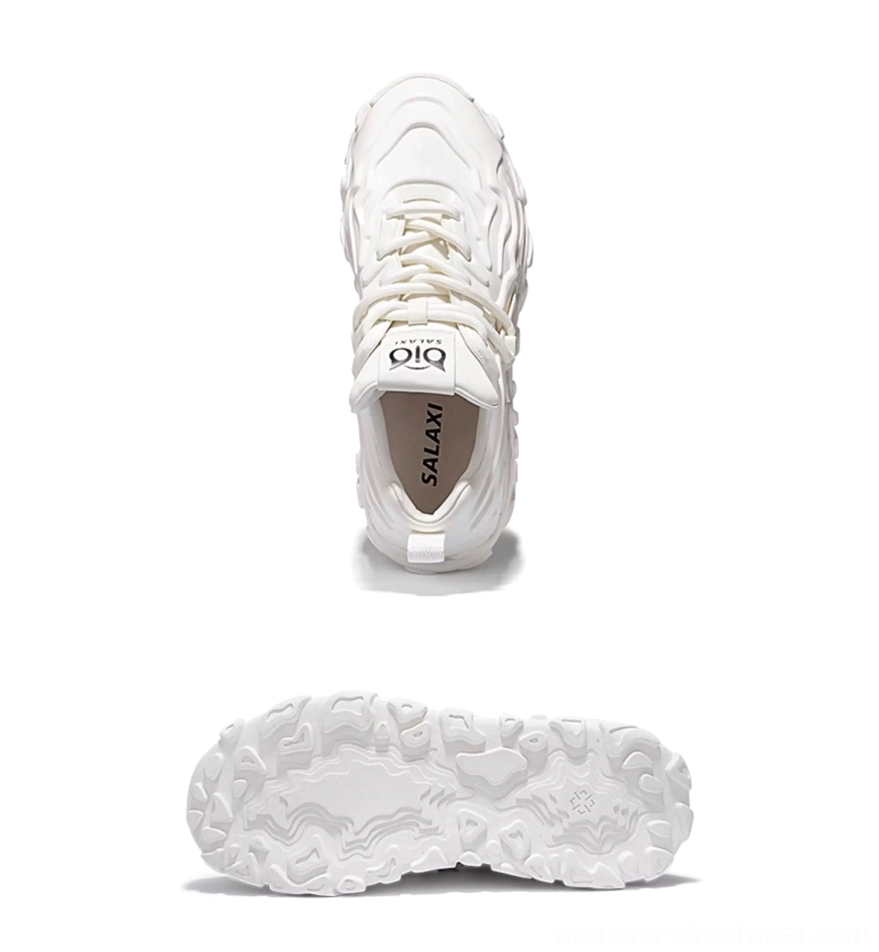 White chunky sculpt sneakers shown from the insole and outsole views with soft leather footbed and patterned non-slip rubber sole