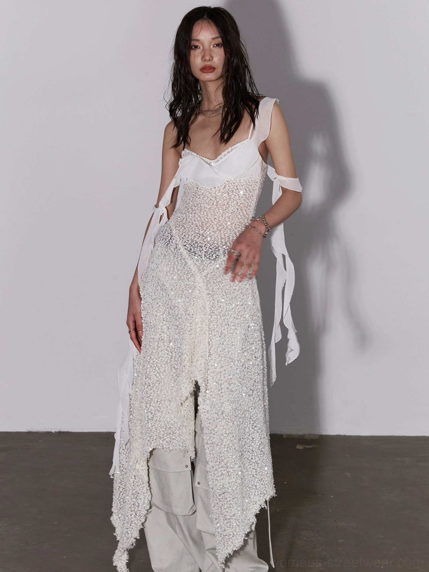 White sequin layered mesh dress with uneven hem and long shoulder strap details in a Korean streetwear outfit