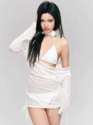 White sheer mesh bikini set with lace-up back cover-up shown in a front three-quarter studio view