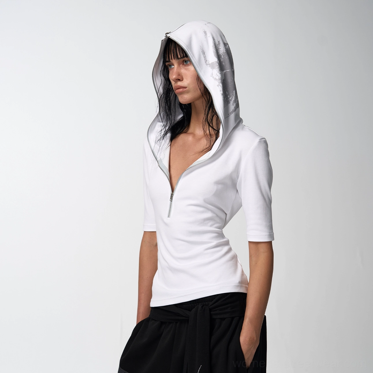 White skinny skull hooded half-sleeve streetwear tee product image with zip-through hood and graphic back design