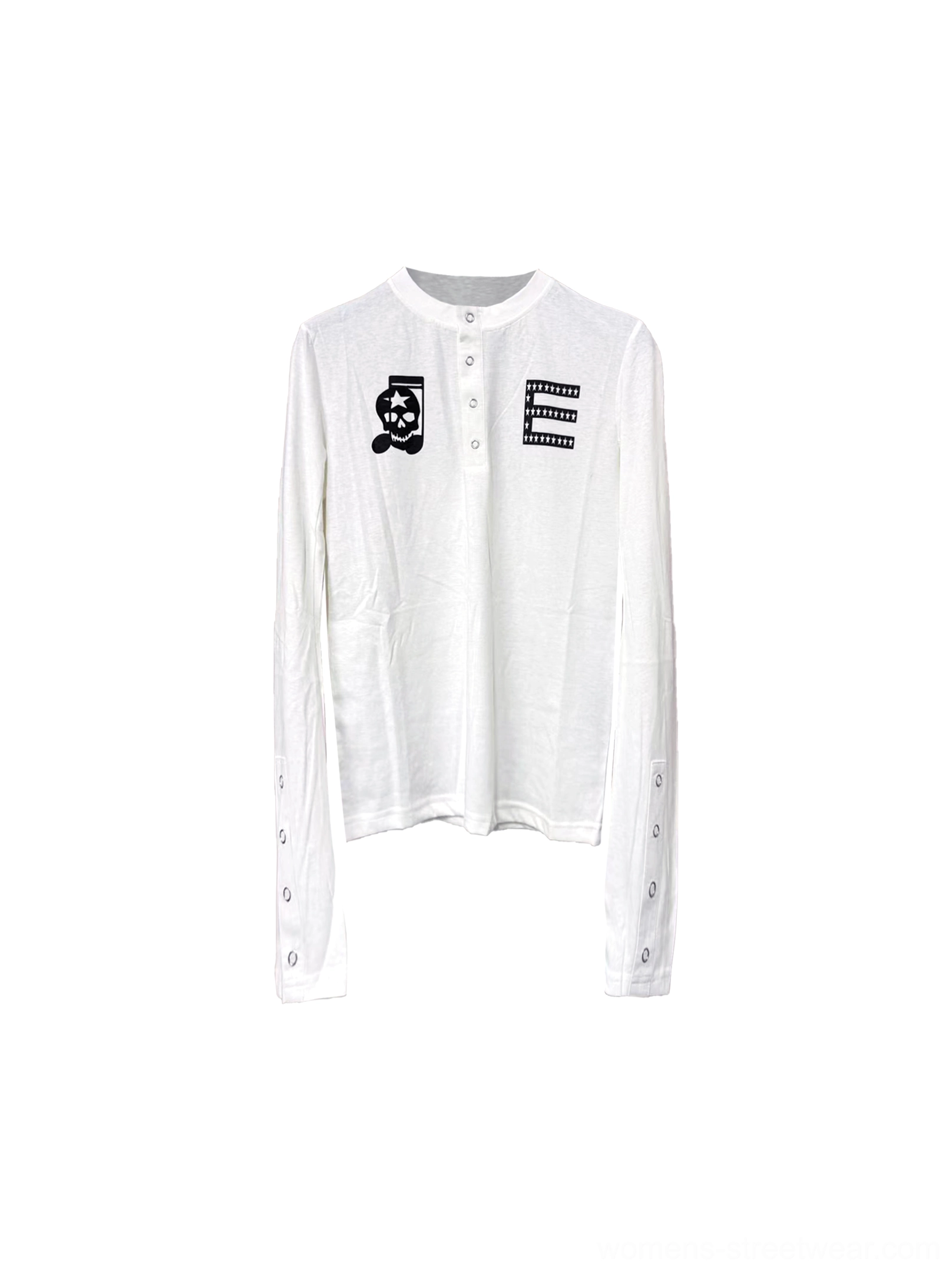 Flat lay view of the white skull Henley long sleeve streetwear top showing the classic neckline, half button placket, chest glyph artwork, and snap-fastened cuffs