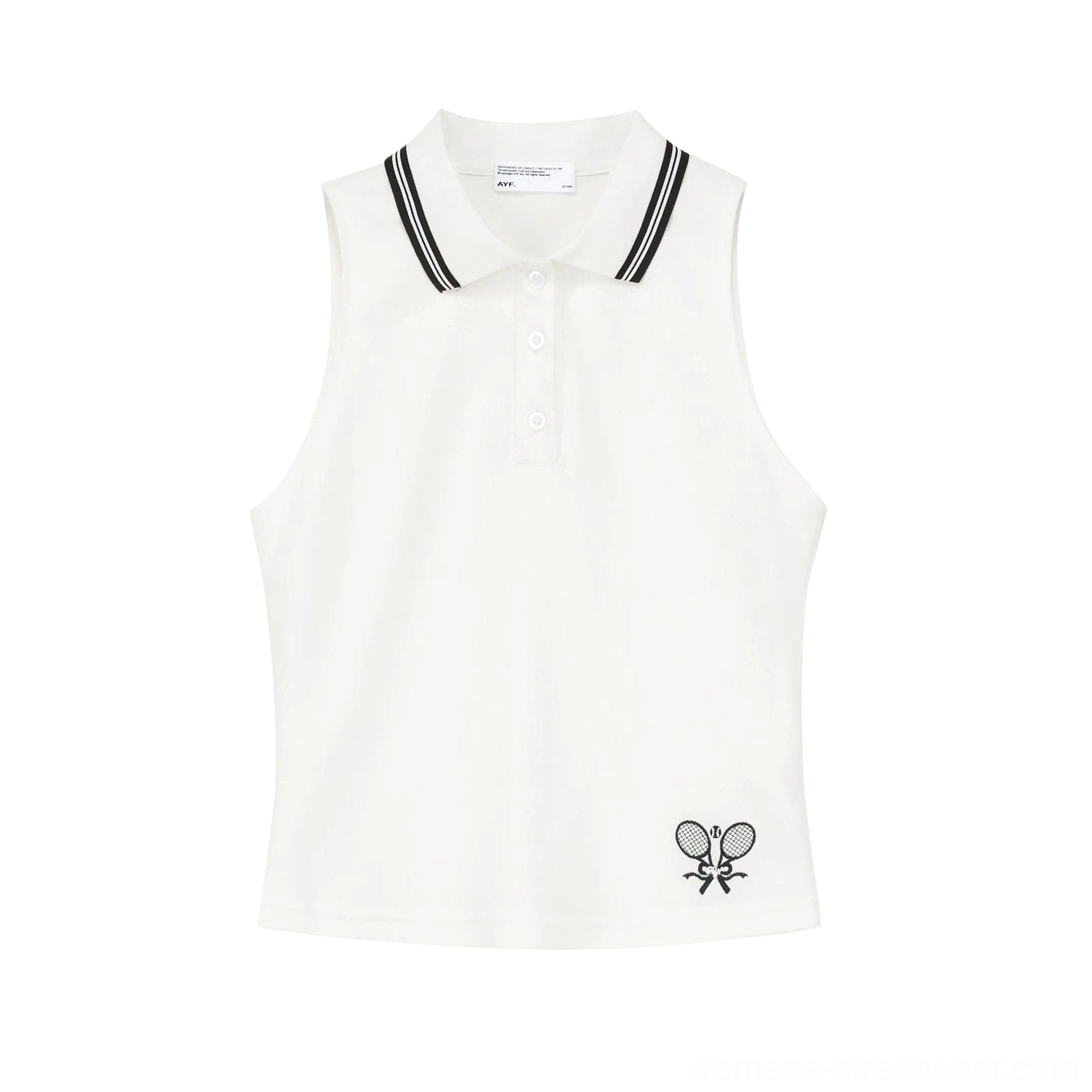 Flat lay of white sleeveless tennis polo vest with black striped collar, button placket and dual racket embroidery
