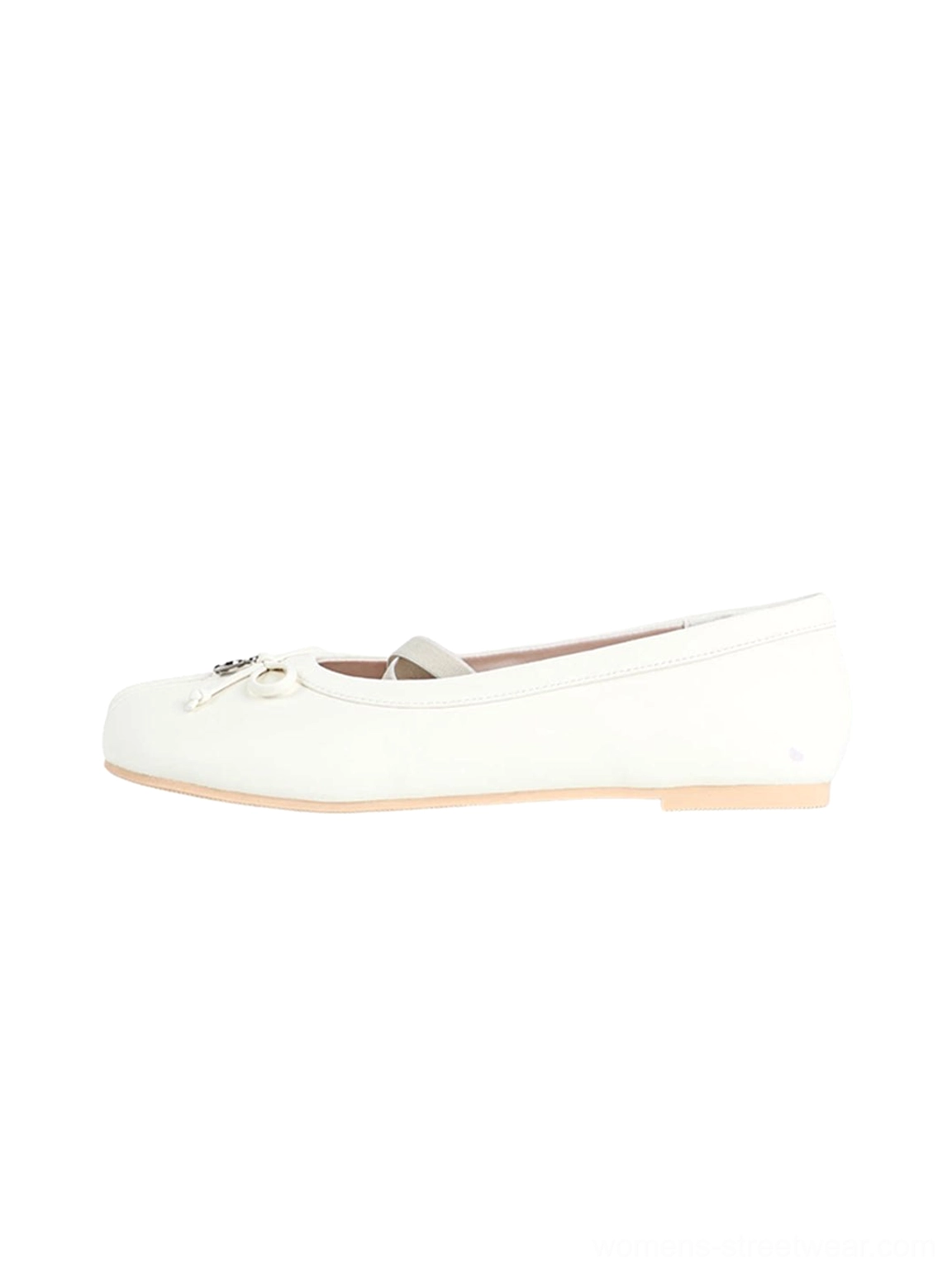 White split-toe Mary Jane ballet flats with matching strap and delicate silver bow on white background
