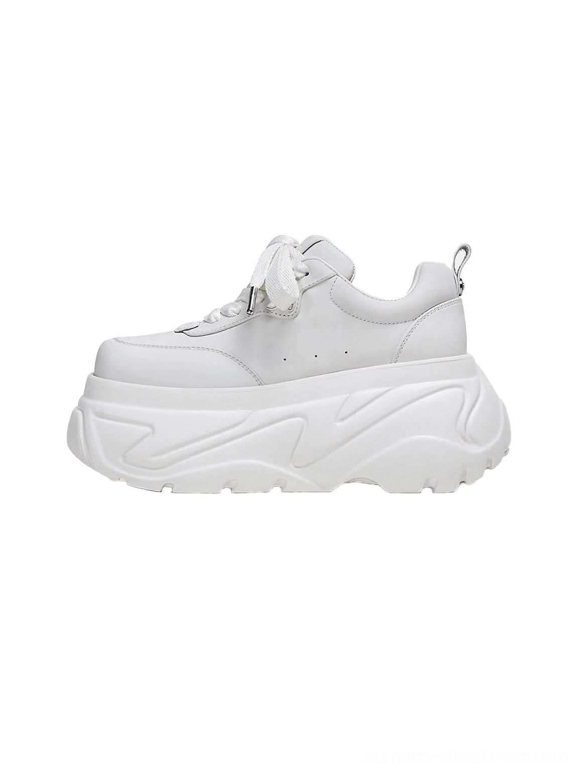 White square-toe platform leather sneakers shown from a low side-front angle with a smooth upper, chunky wavy outsole, and rear pull tab