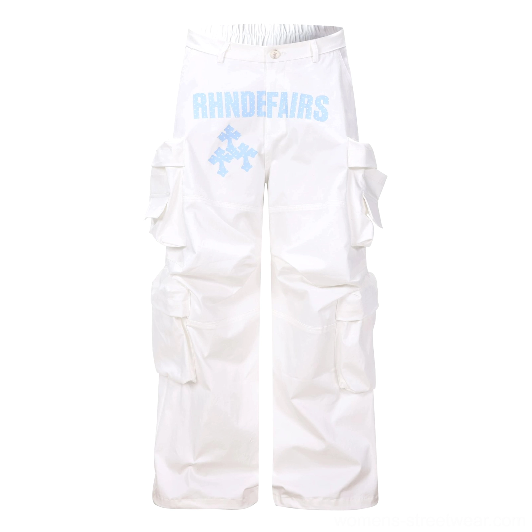 White stacked pocket wide-leg streetwear cargo pants product view with oversized utility pockets and graphic hip detail