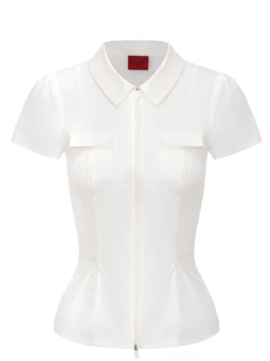 White tailored zip-up blouse with point collar dual chest flap pockets and structured puff sleeves flat lay
