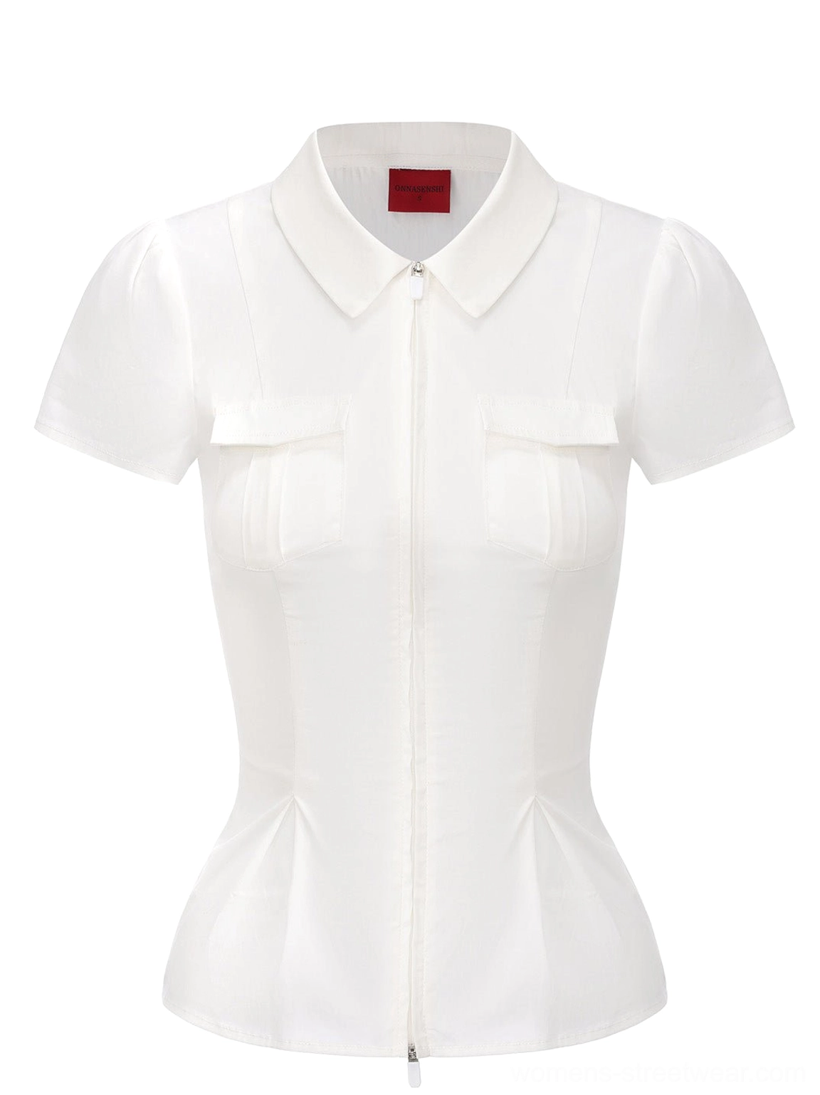 White tailored zip-up blouse with point collar dual chest flap pockets and structured puff sleeves flat lay