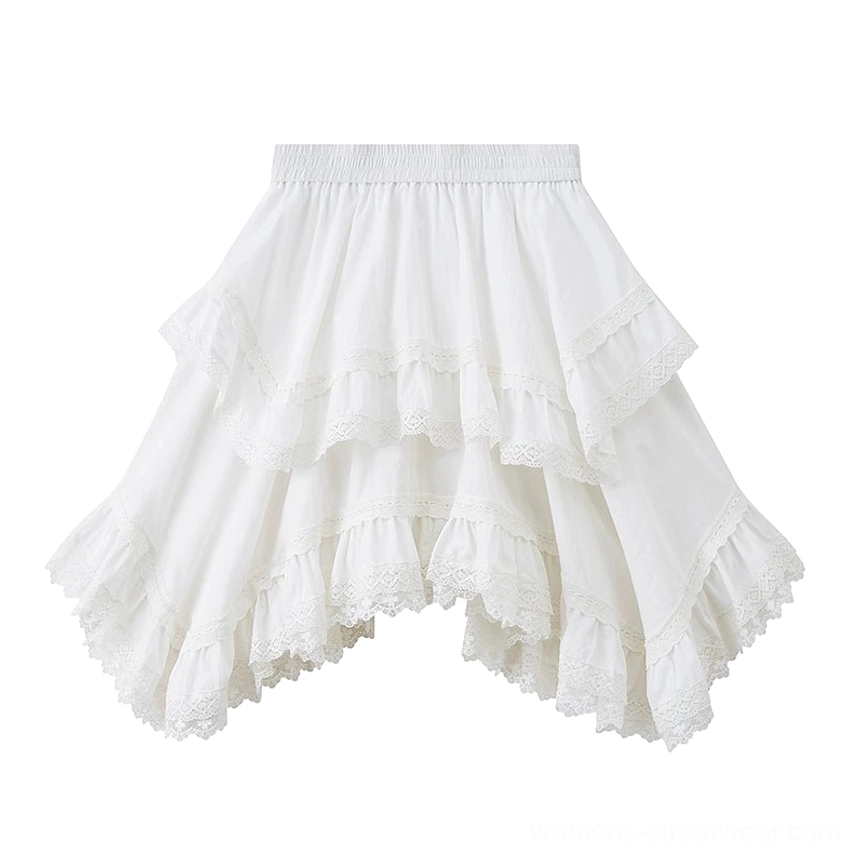 White tiered lace midi skirt product view with asymmetrical ruffles, delicate cotton lace trim, flowing high-volume silhouette, and soft lining