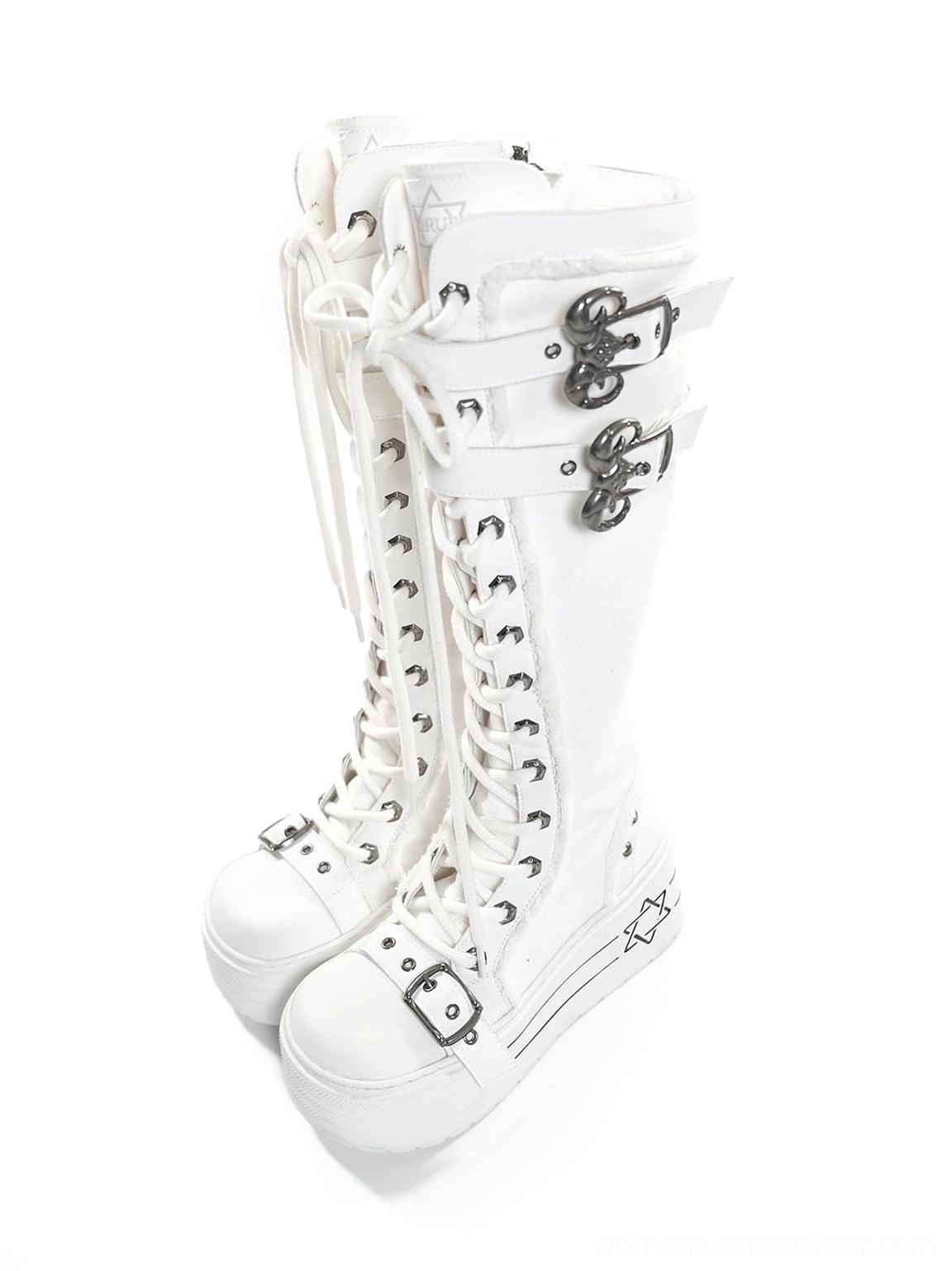 Pair of white triple-buckle knee-high platform combat boots with full lace-up fronts on white studio background