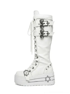 White triple-buckle knee-high platform combat boots with front laces and hexagram-style platform sole side view
