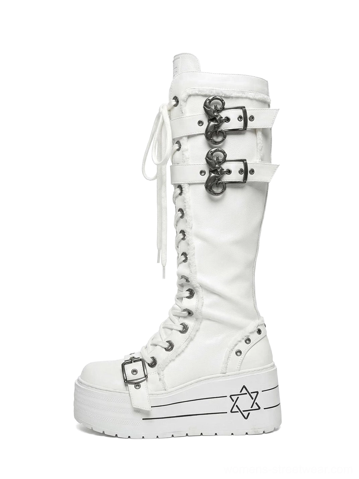 White triple-buckle knee-high platform combat boots with front laces and hexagram-style platform sole side view