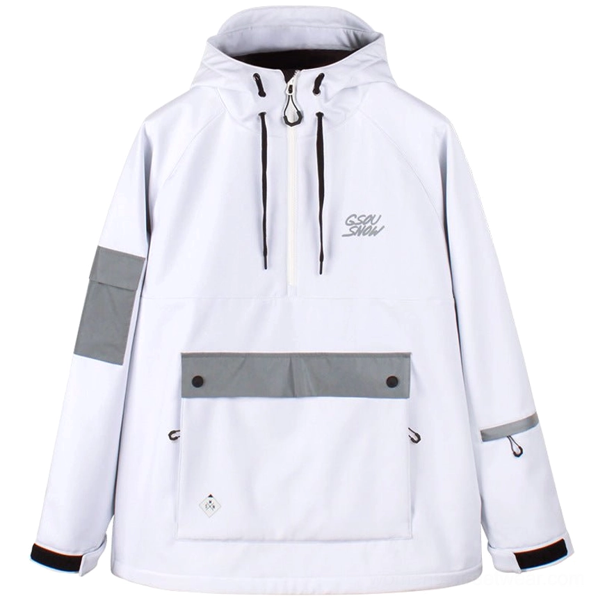 White unisex reflective half-zip ski anorak jacket flat lay with adjustable hood and oversized front cargo pocket