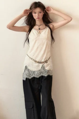 White velvet lace camisole styled with black wide leg pants, slim longline fit, delicate V-neck lace trim, and streetwear waist chain