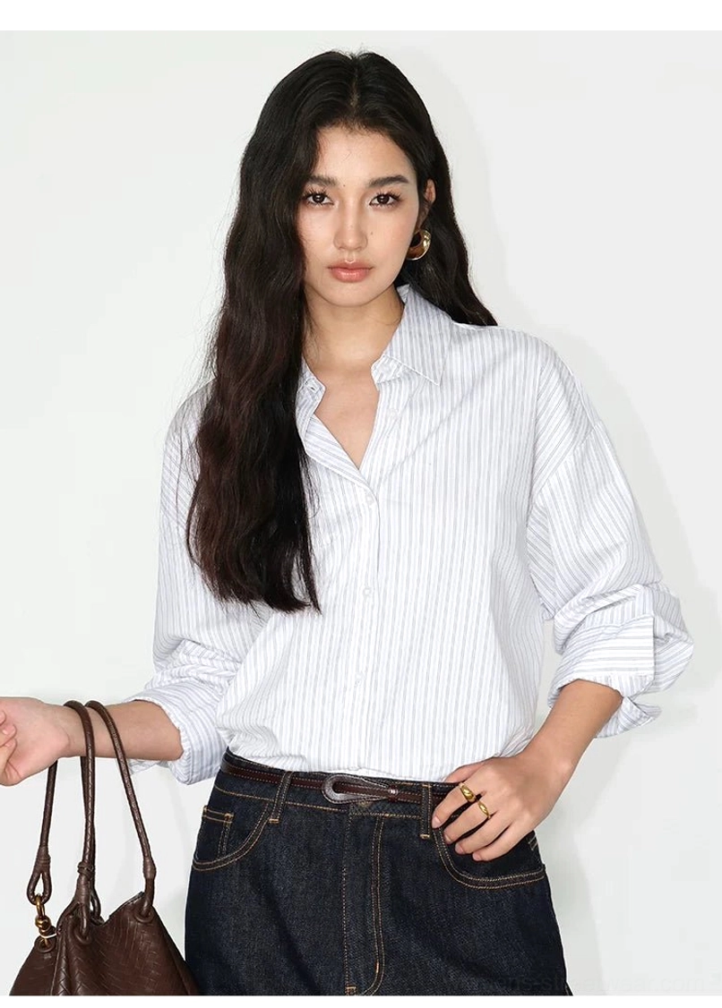 White vertical pinstripe oversized cotton blend shirt with rolled cuffs and relaxed fit