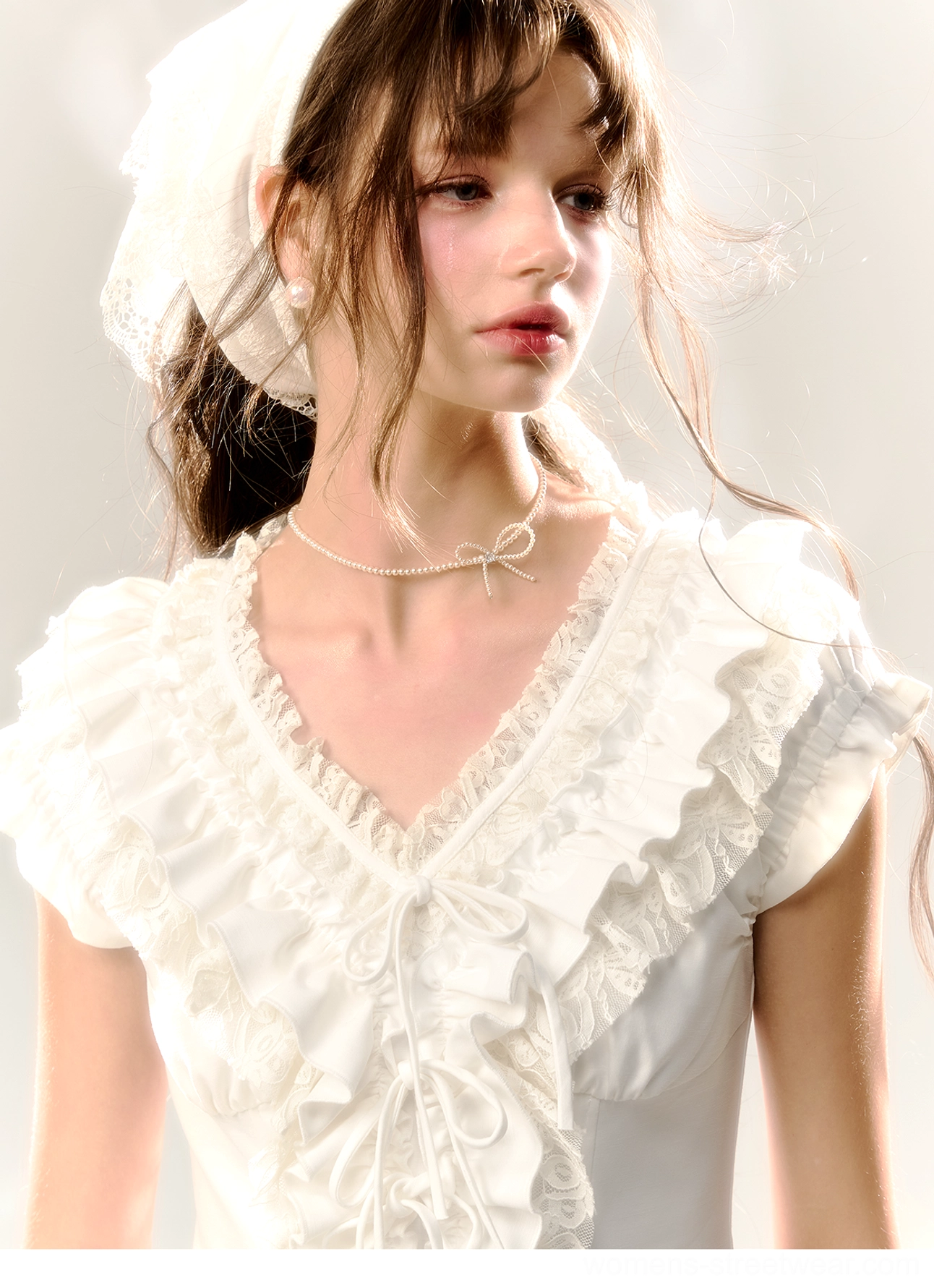 Close-up of white Victorian cotton mini dress with lace-edged ruffle neckline and cap sleeve detail