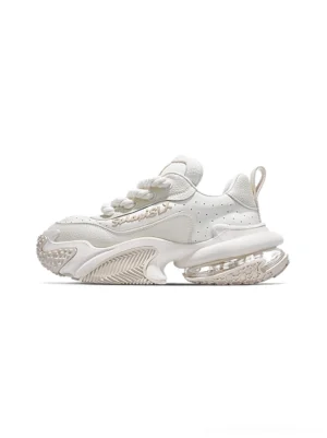 White vortex logo air cushion platform sneakers in left three-quarter side view with chunky sole and braided laces