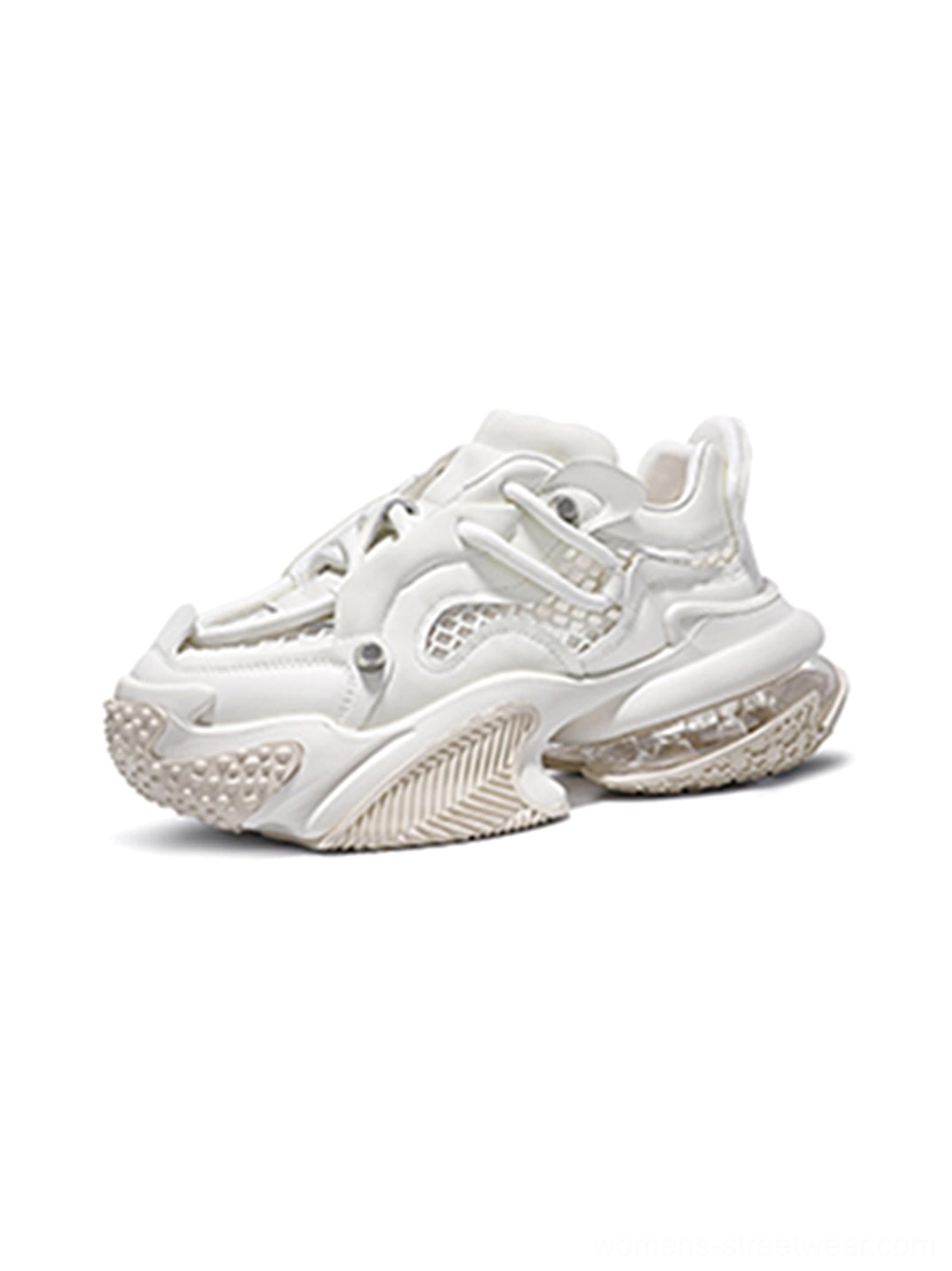 White Vortex Mesh Air Cushion Platform Sneakers close-up product image for Korean streetwear and techwear styling