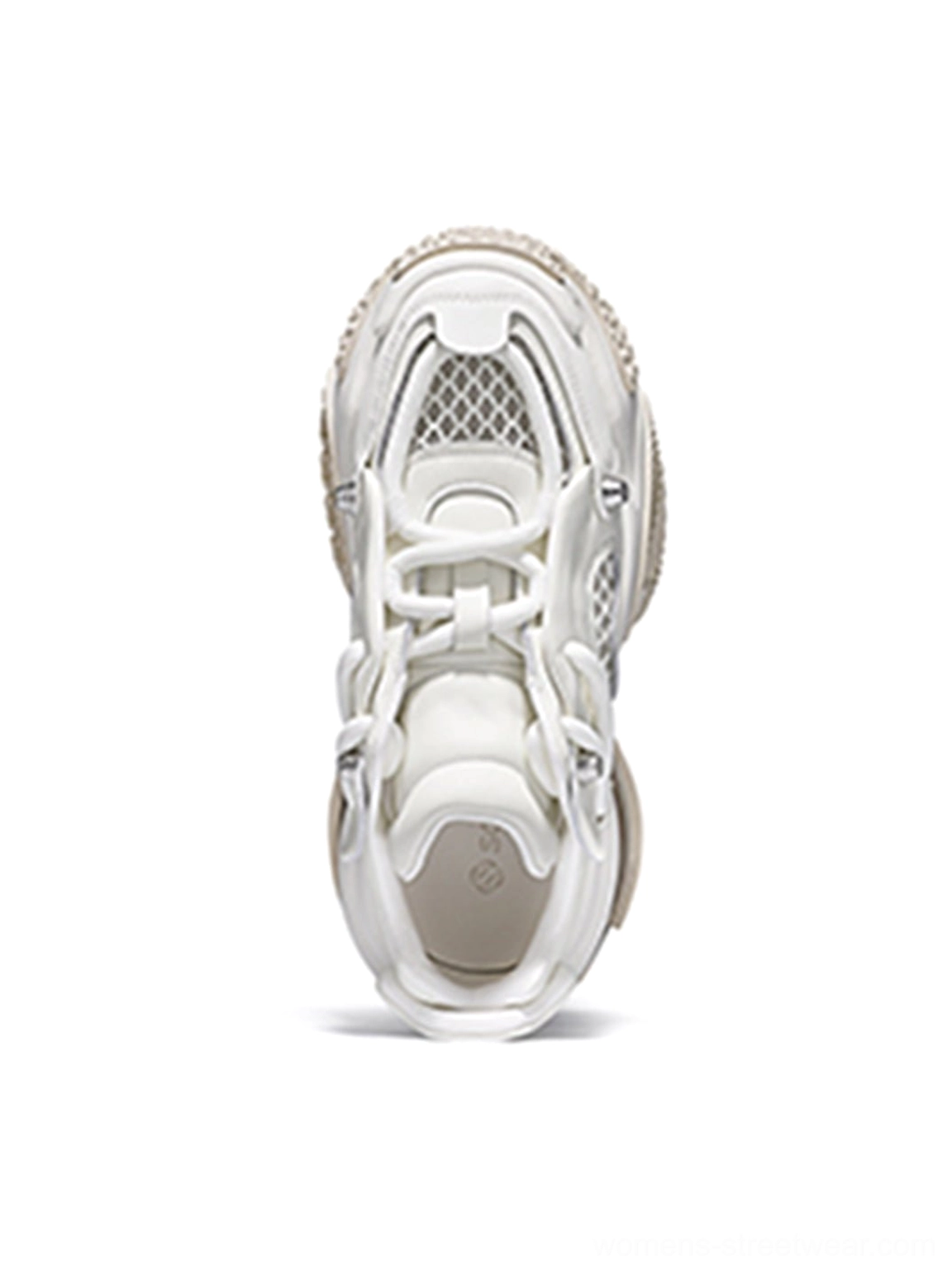 White Vortex Mesh Air Cushion Platform Sneakers detailed sneaker view with breathable mesh and sculpted sole